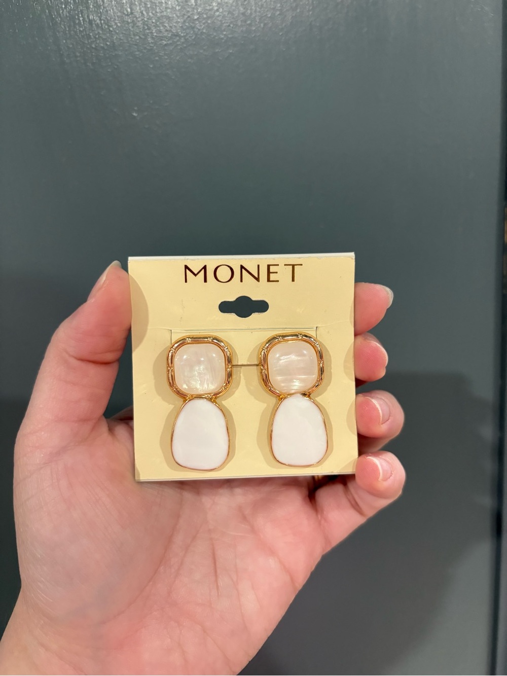 Monet White and Gold Double Drop Earrings